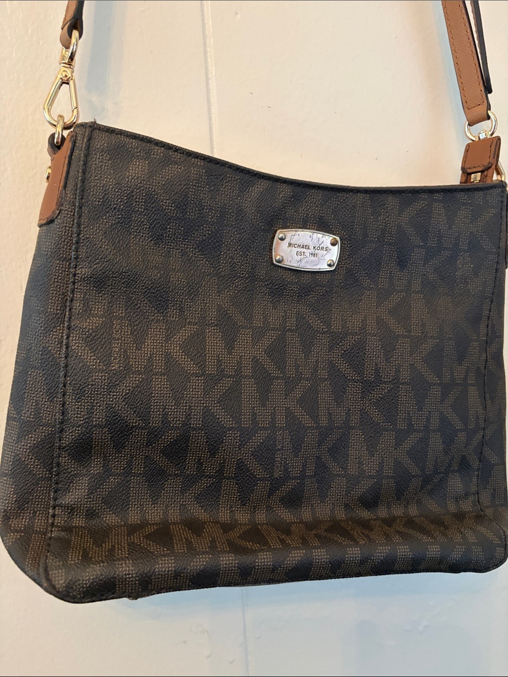Michael Kors Brown and Tan MK Logo Crossbody Bag